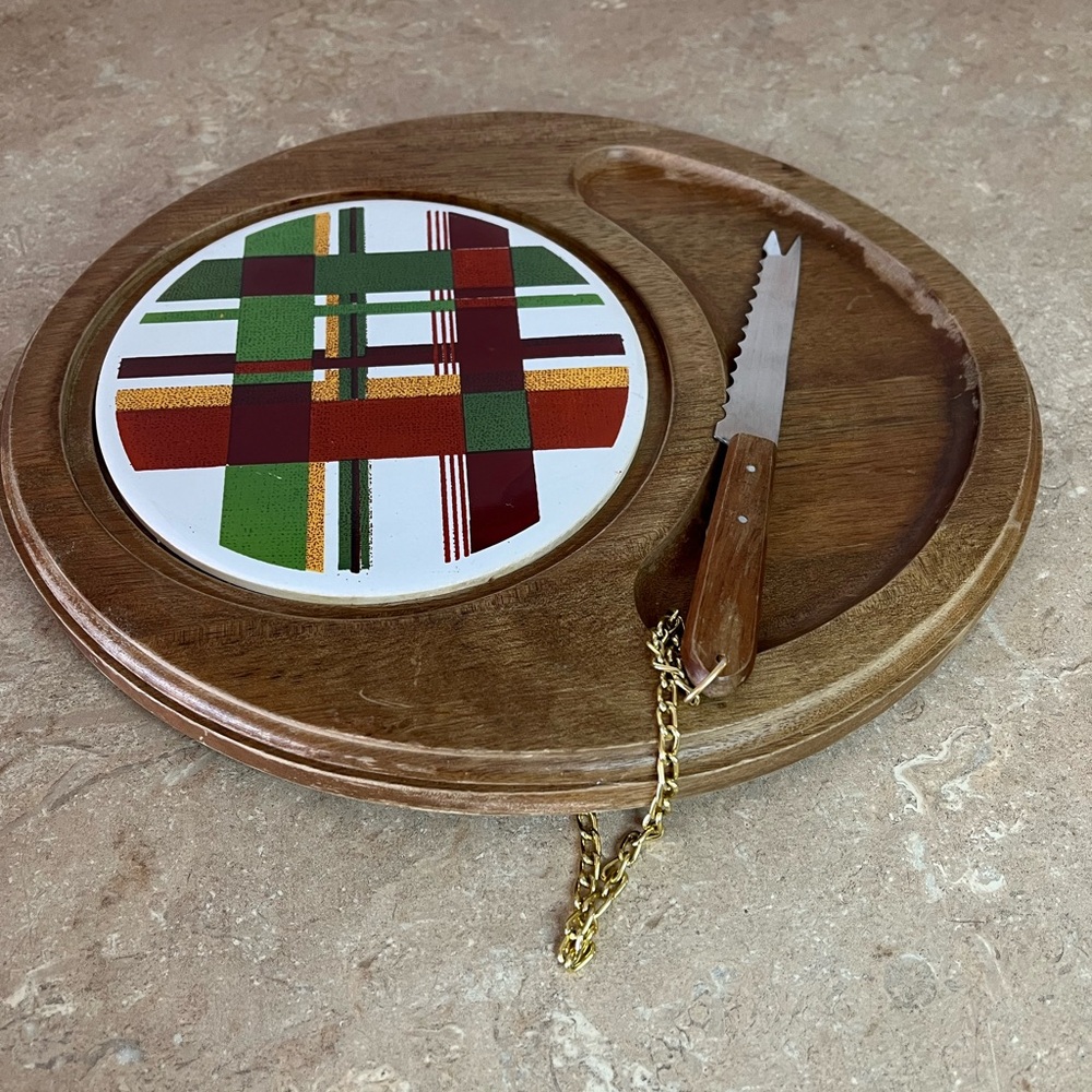 Wood Cheese Board with Green and Burgundy Tile Inlay